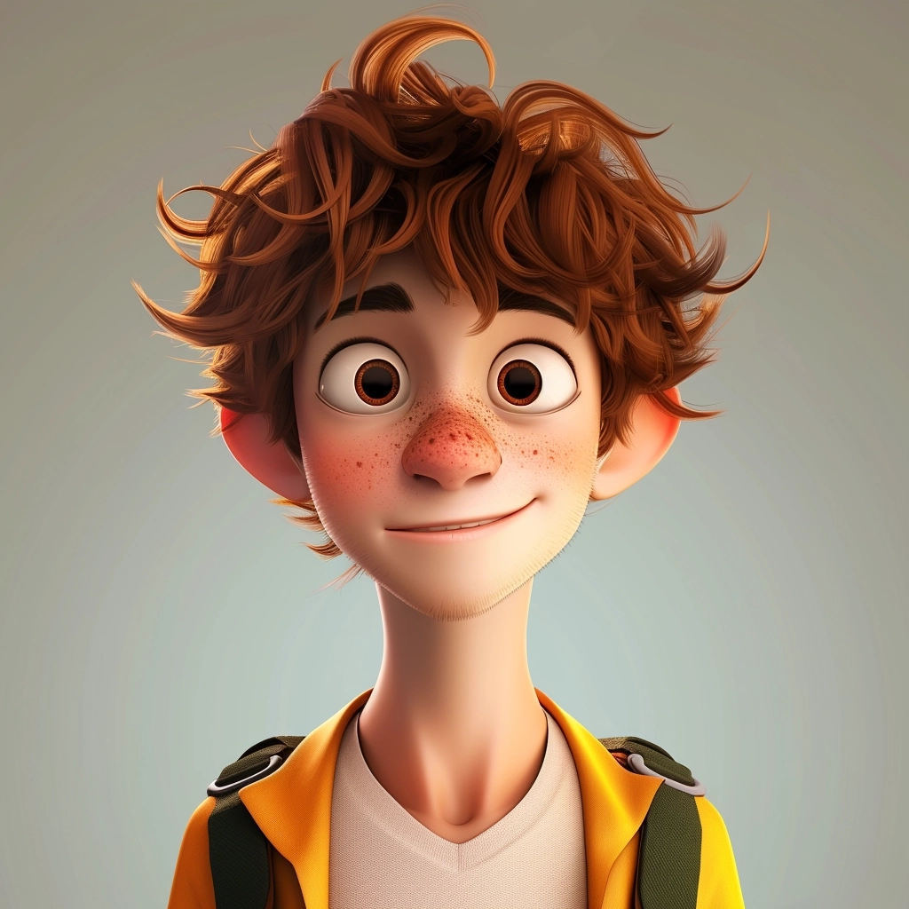 young man portrait 3D, in a beautiful cartoon stile, with a big head of hair