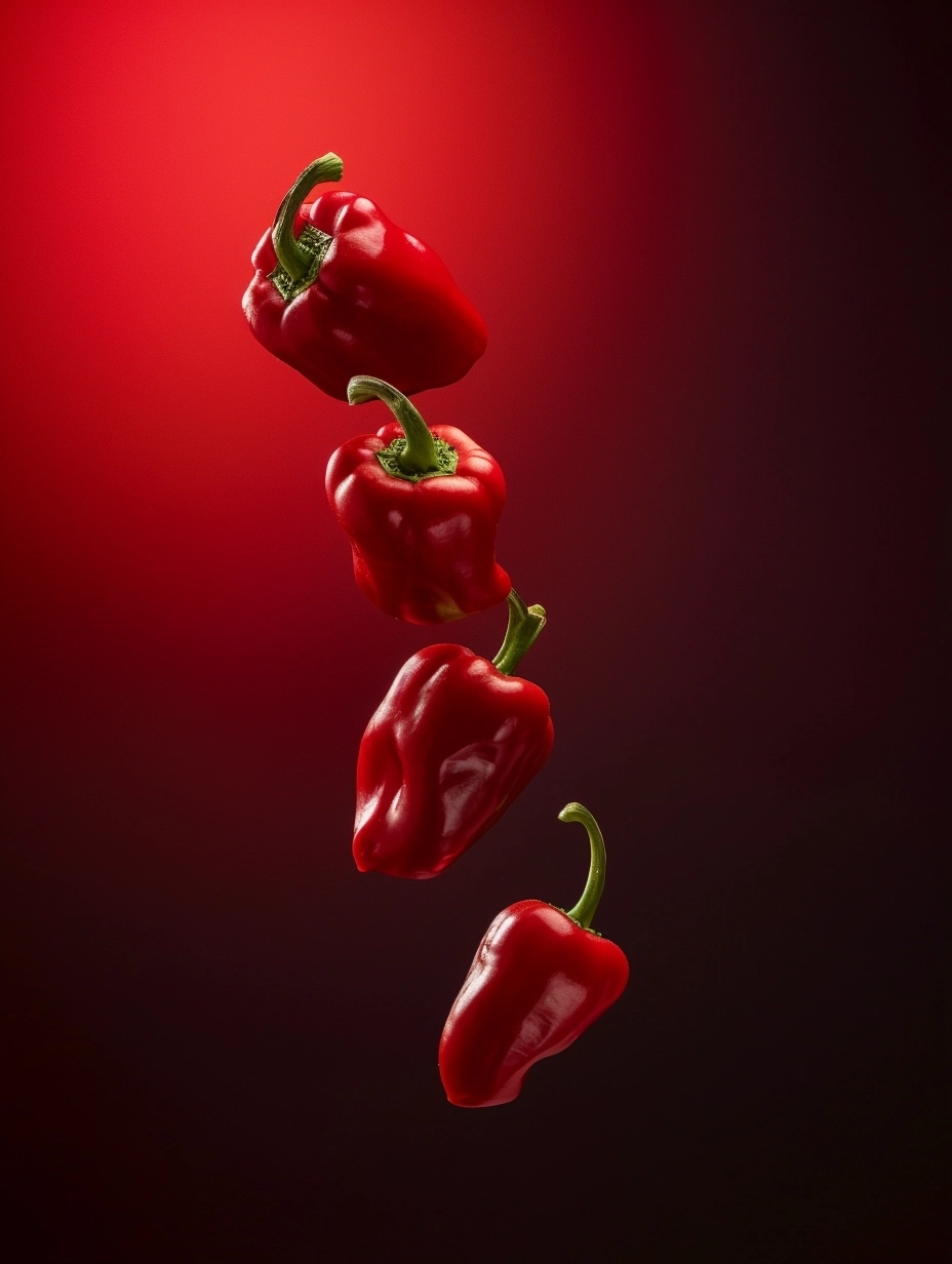 Subject: Ripe red peppers floating in mid-air against a vertical gradient backdrop. Style: Futuristic Geometric Elegance. Setting: High-tech studio with a gradient backdrop transitioning from deep red to black. Composition: Dynamic shot capturing the peppers seemingly suspended in mid-air. Experiment with composition to create a futuristic atmosphere. Lighting: Gradient lighting to complement the backdrop. Experiment with subtle highlights for a sleek finish. Additional Info: Introduce a subtle haze for a futuristic ambiance.