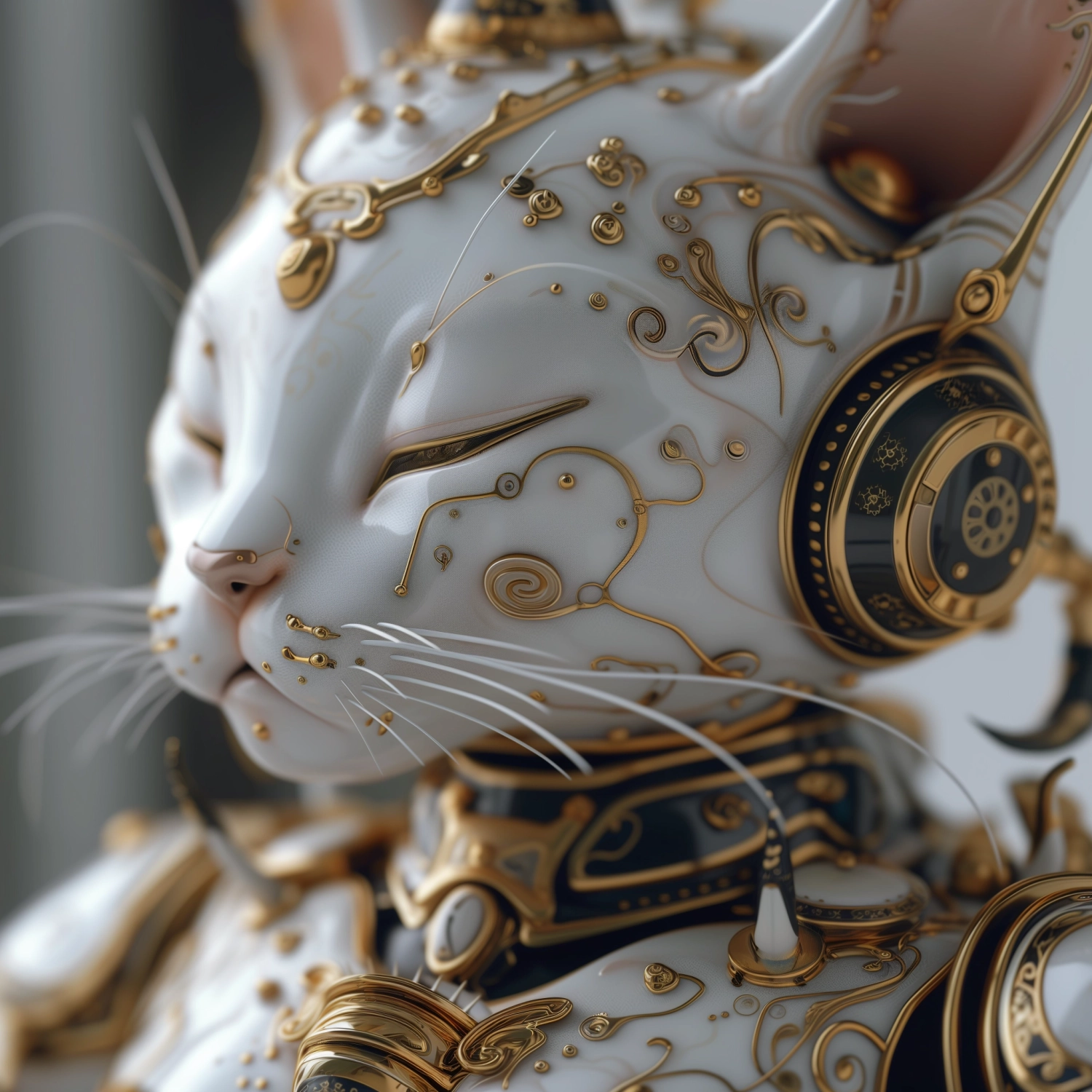 Ultra 4K detailed close up of robot cats made of Ming Dynasty porcelain, eyes closed