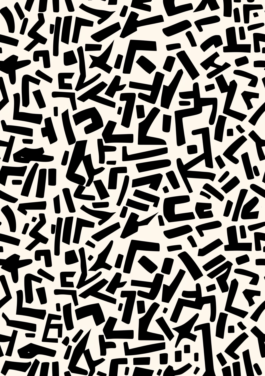 repeat pattern of abstract line-based glyphs resembling an undecipherable script, using bold black strokes on a pure white background