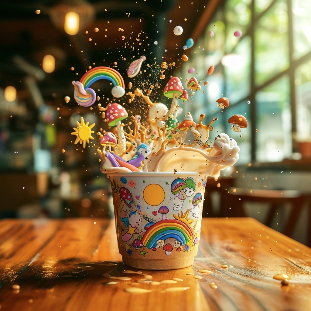 a sleek coffee shop with lots of natural, live-edge wood accents. The image is a closeup of a coffee cup. The cup is exploding with cartoon mushrooms and rainbows, small suns, and unicorns. The cup and the background image look real but the mushrooms coming out of the cup are cartoon drawings and very colorful. in a forest.
