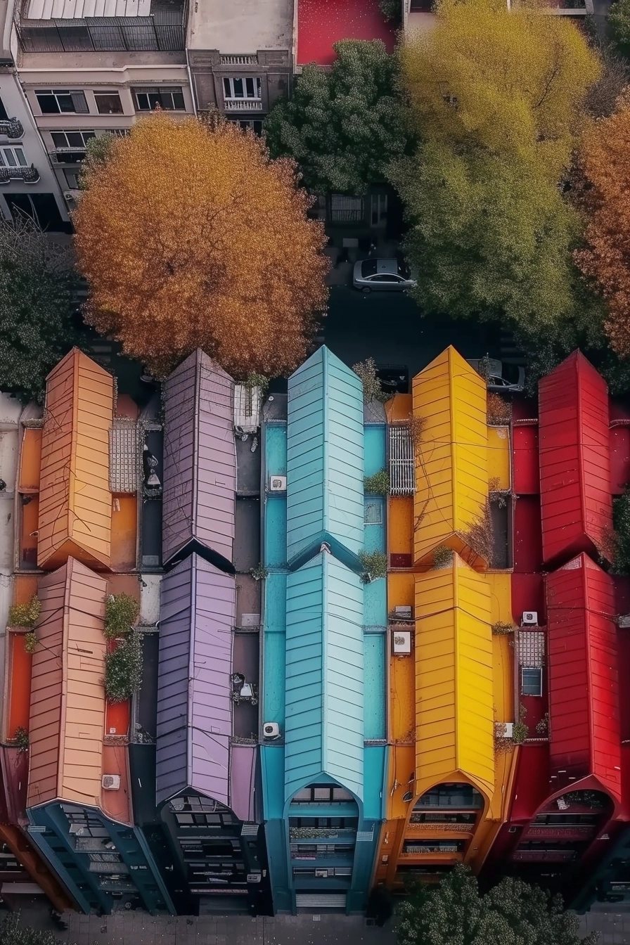 a colorful building with the shape of a curvature, in the style of use of fabric, realistic color schemes, eye-catching, raw metallicity, infinity nets, bold and playful, elaborate facades aerial view bird view::3 futuristic architecture cozy lighting Ultra realistic highly realistic highly detailed 16k elevation Award winning architecture High resolution::1