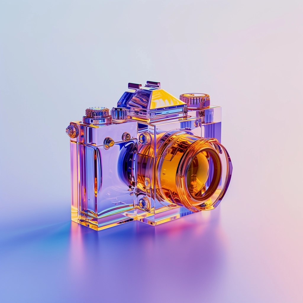 3D rendering of transparent Camera,gradient translucent glass molten body,Orange-blue gradient background,Right-hand view of the complete model isometric,White background 8k,hd