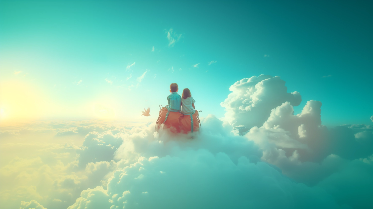 A seven-year-old boy and girl sit on a huge schoolbag, the boy and girl face away from us, close up the schoolbag, the background is white and blue sky, surrounded by clouds, movie shots, warm light and soft light, the atmosphere is warm and cheerful, surreal space, flying in the air, bright light and soft contrast