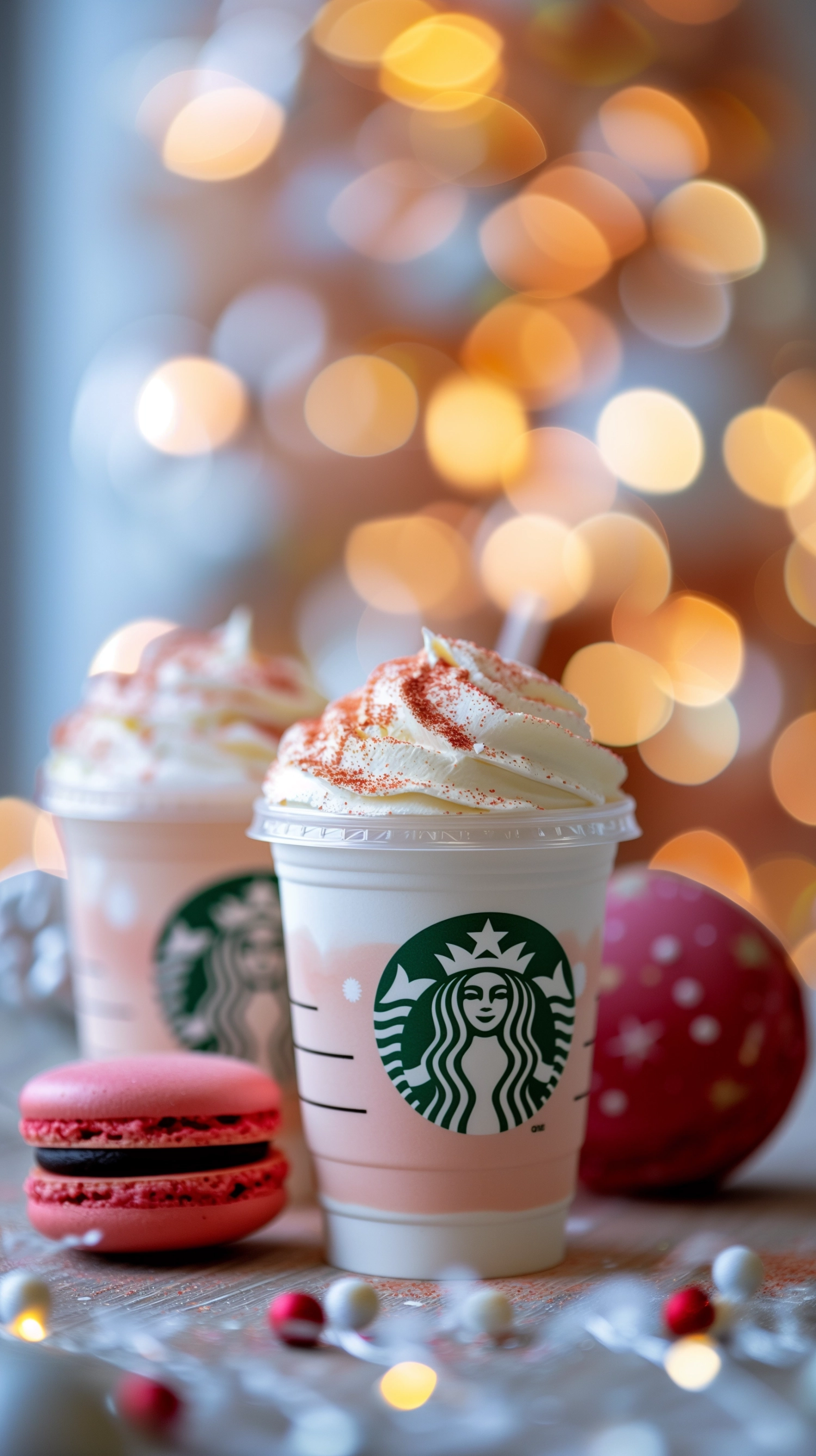 Starbucks latte, two cups of Starbucks, close-up of Starbucks cup, blurred background, New Year atmosphere, macaron colors, macarons, premium quality, no straw