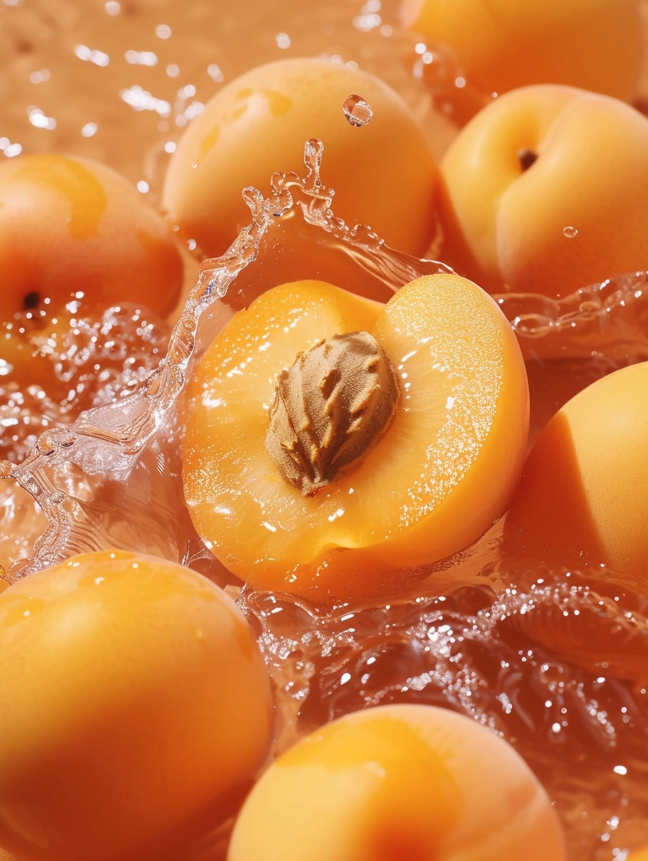 A few photos of apricot and water, with a light orange and transparent texture style, anime aesthetics, interesting complexity, berry punk, gorgeous colors, 32k uhd, karol bak