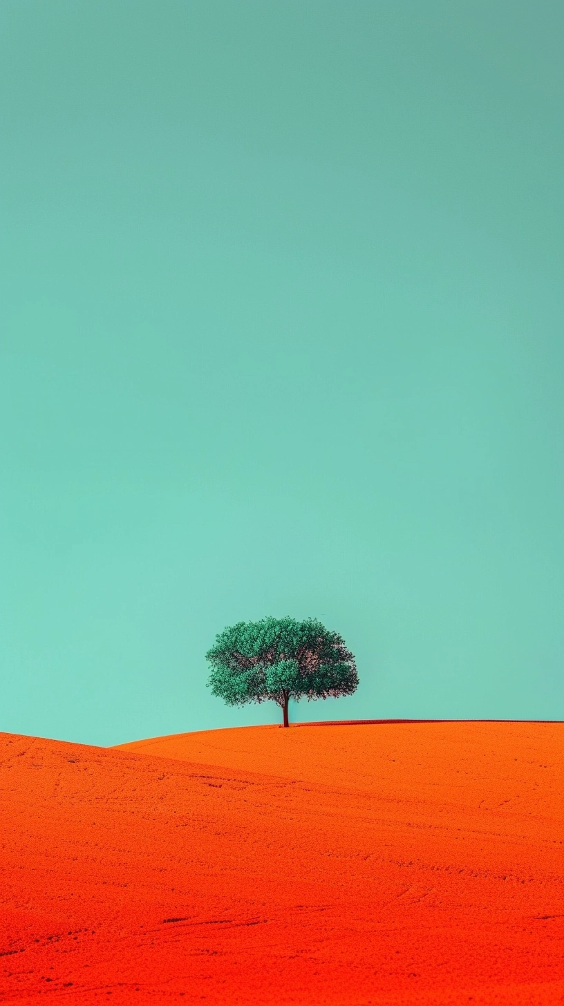 the orange background is large enough to view the ground, in the style of minimalist landscapes, captivating documentary photos, expressive color-field, red and green, vernacular photography, whimsical minimalism, japanese minimalism