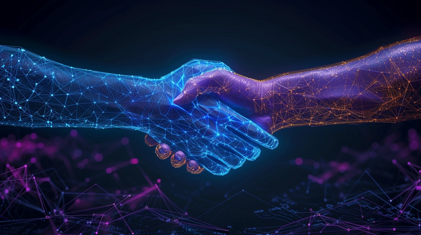 Two wire-frame glowing hands, handshake, technology, business, trust concept