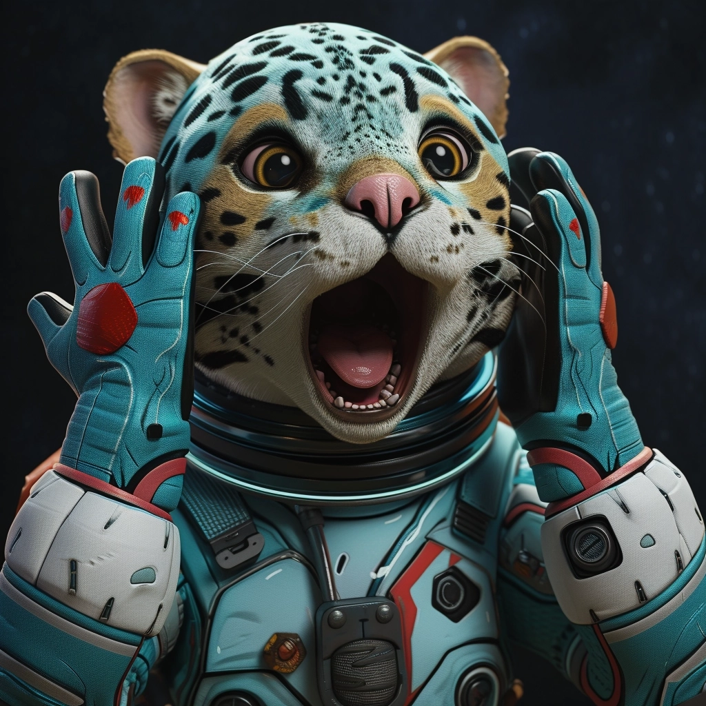 a cute cyan colored ocelot wearing a space suit, hands on head while yelling in surprise