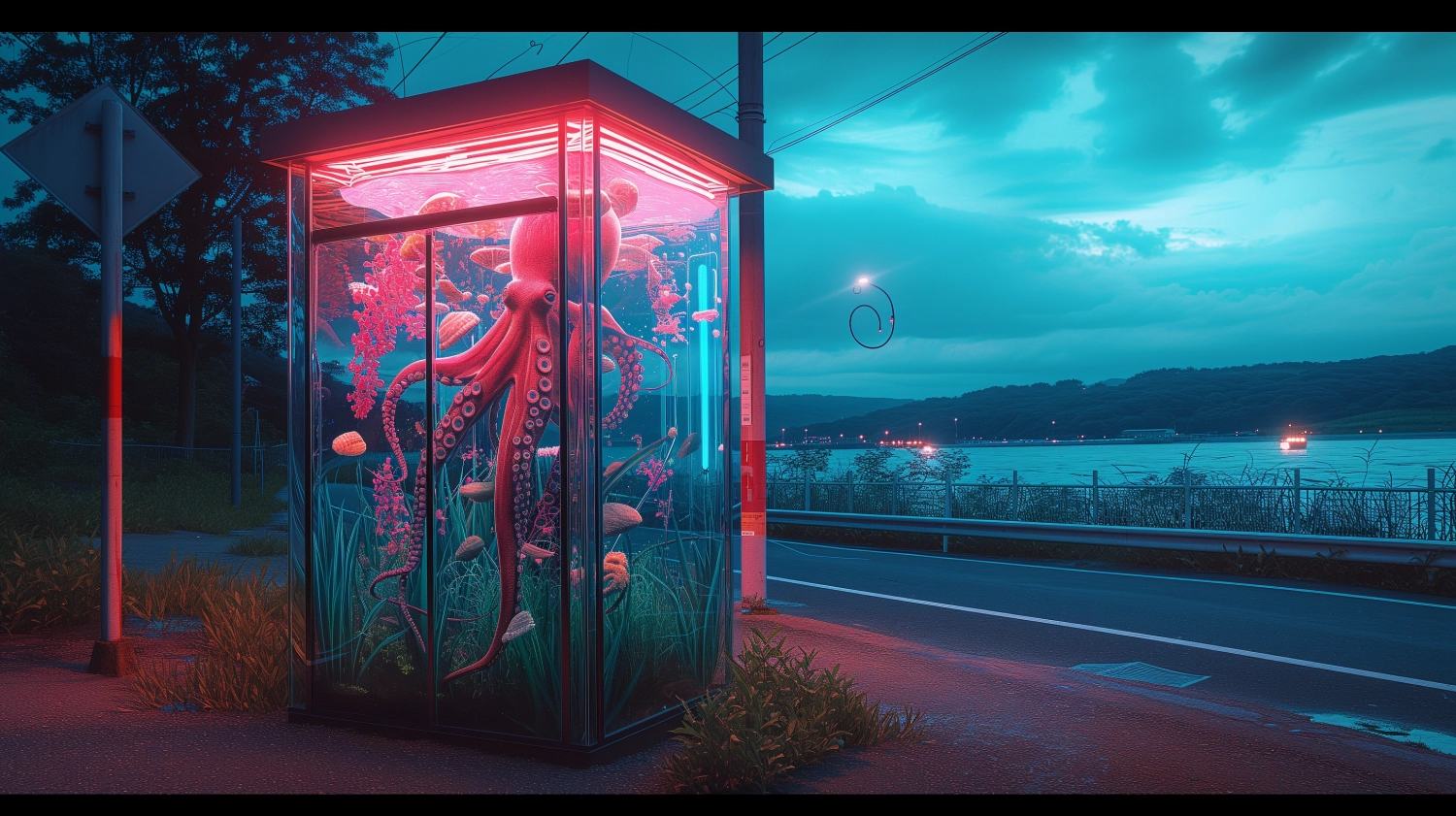 a glass phone booth filled with water and octopus and sea life on the side of the road, in the style of neon hallucinations, taken with provia, kodak aerochrome, dan mumford, light magenta and blue, junglecore, vaporwave, mysterious jungle, 8k, realistic,