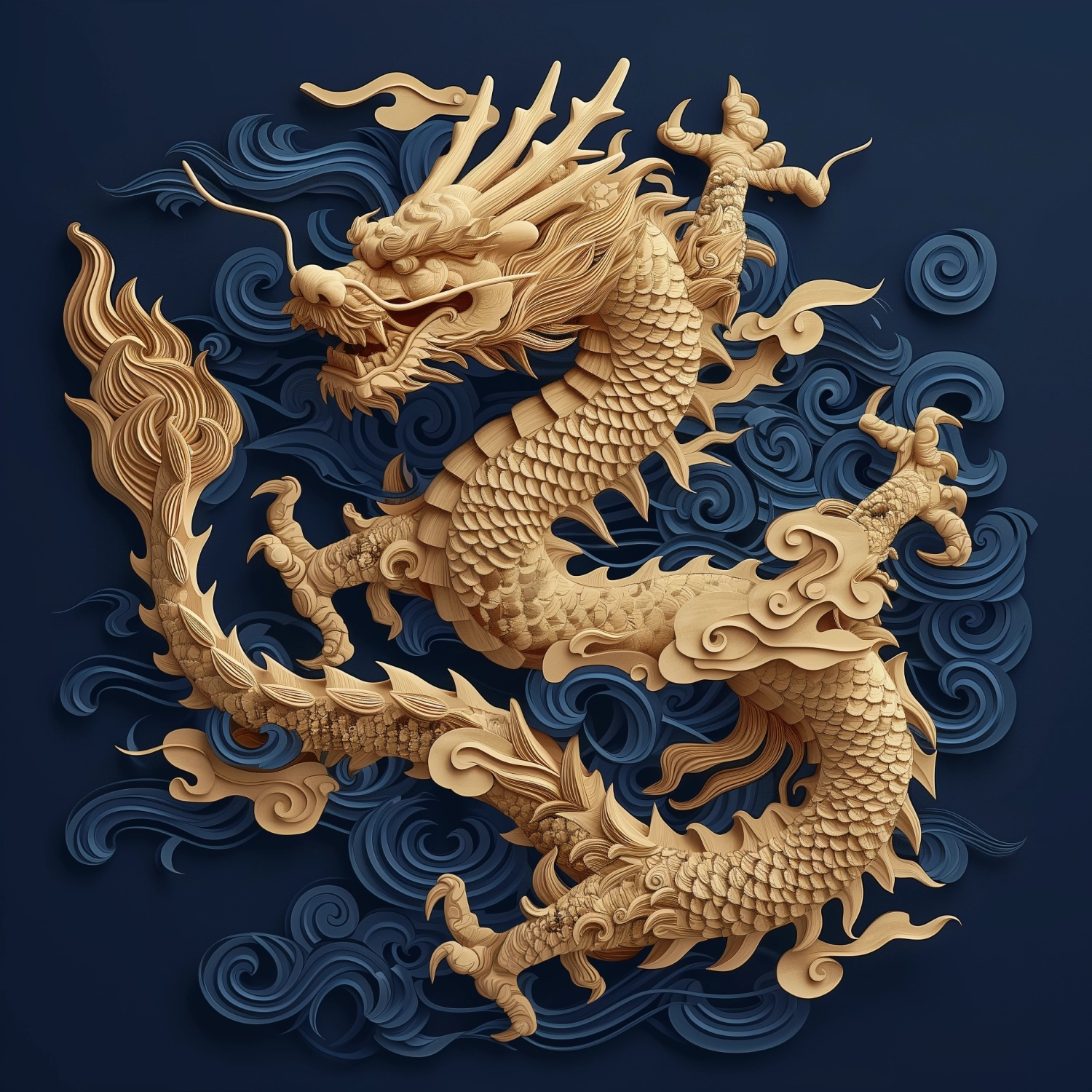 chinese dragon art from vn, in the style of eiko ojala, vik muniz, wood texture, realistic hyper-detail, flowing textures, embossed wood, dark blue flat background