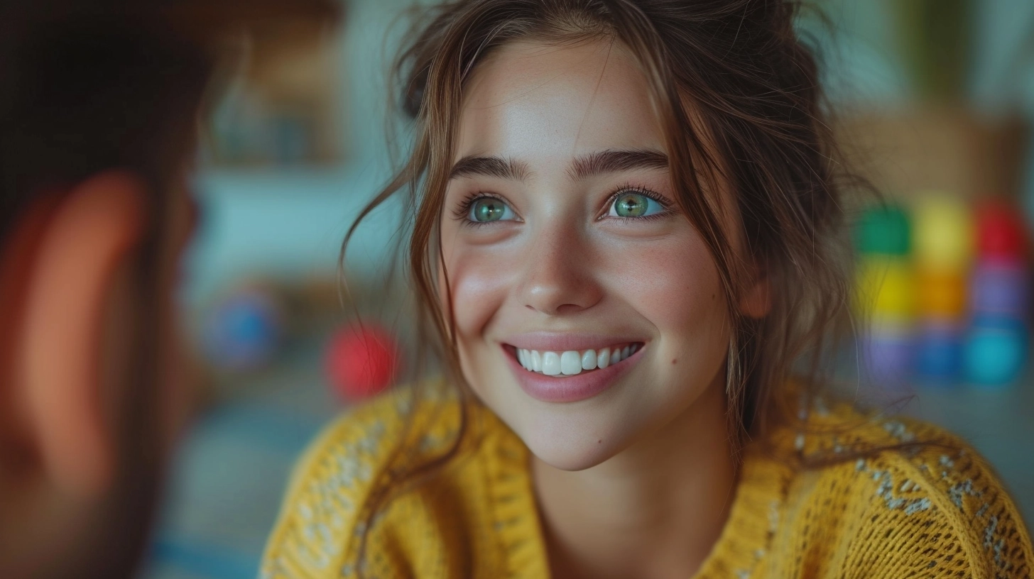 Close-up of a pretty, adult premium Babysitting woman worker, smiling with his mouth open with his hand at a toy, commercial photography. The image has to be fit for a MrBeast and UpFlip YouTube Thumbnail.