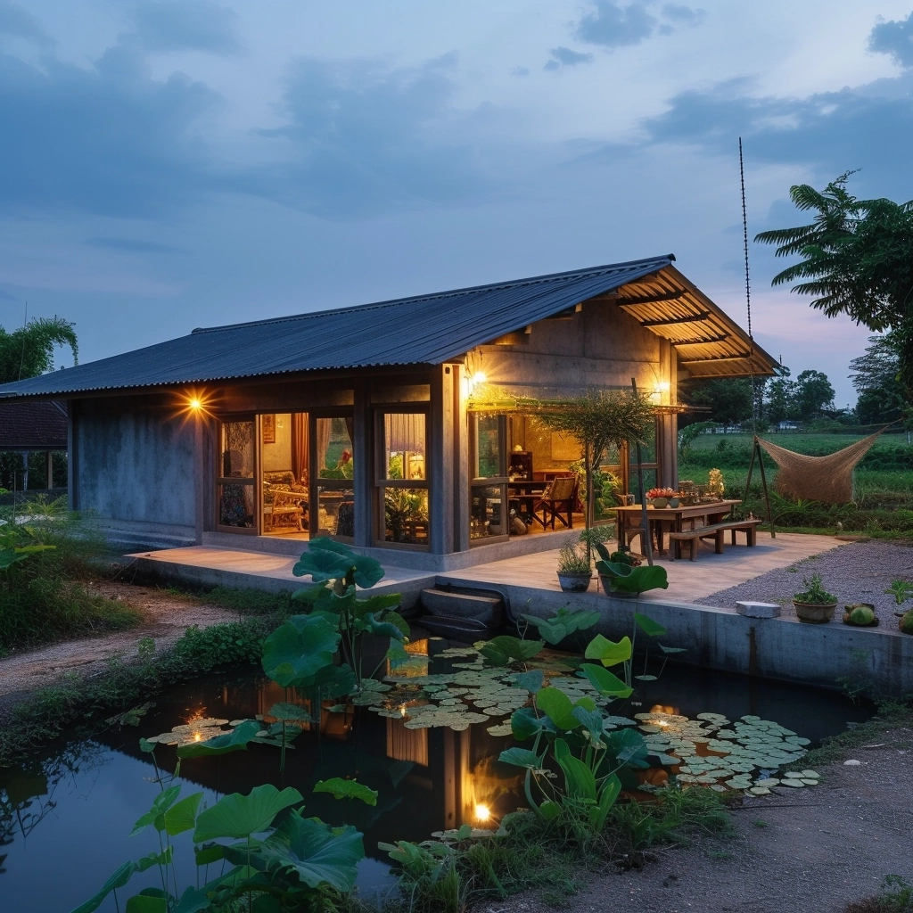 small cement house There is a vegetable pond and kitchen garden. Evening view of rural Thai provinces