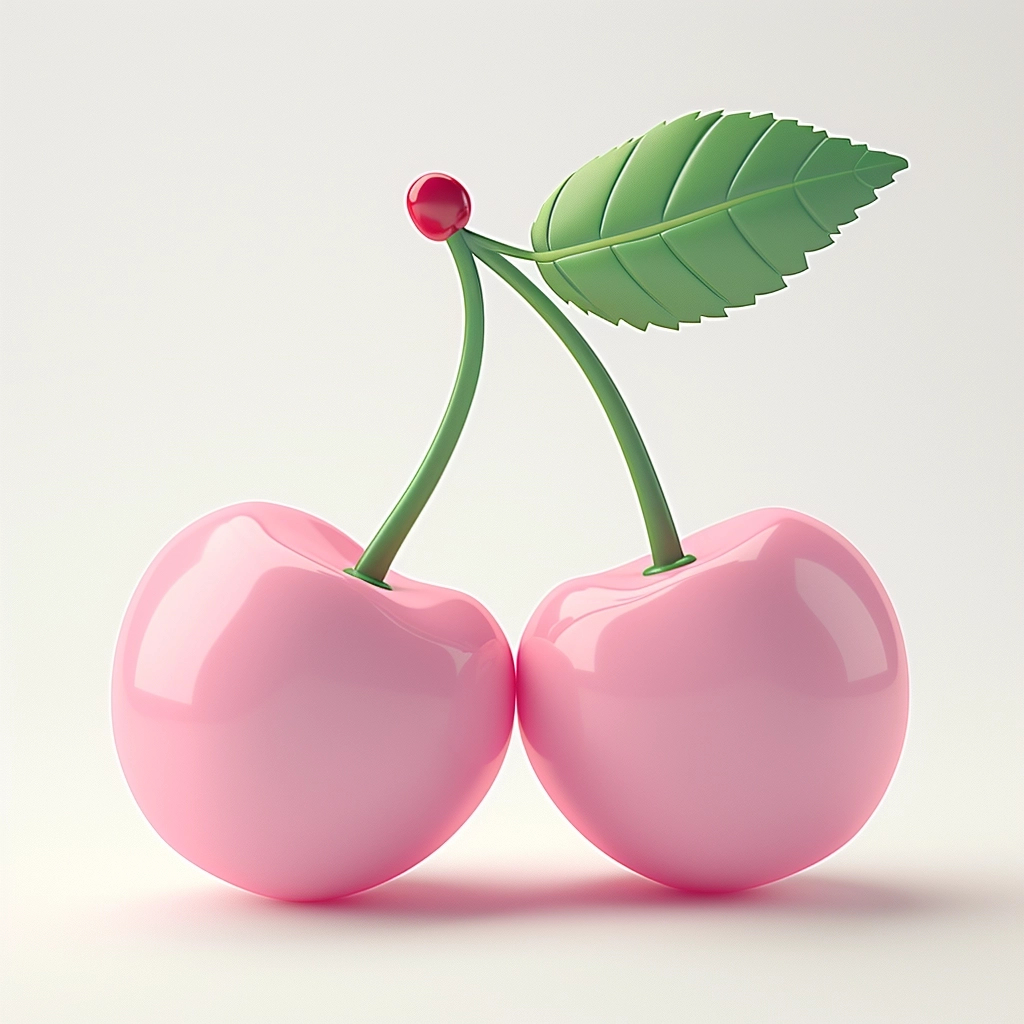 two pink cherries made of clay,blind box toys,3d icon clay render,3d blender render,cartoon style,cute,pure white background,soft smooth lighting,clean shadows, 8K