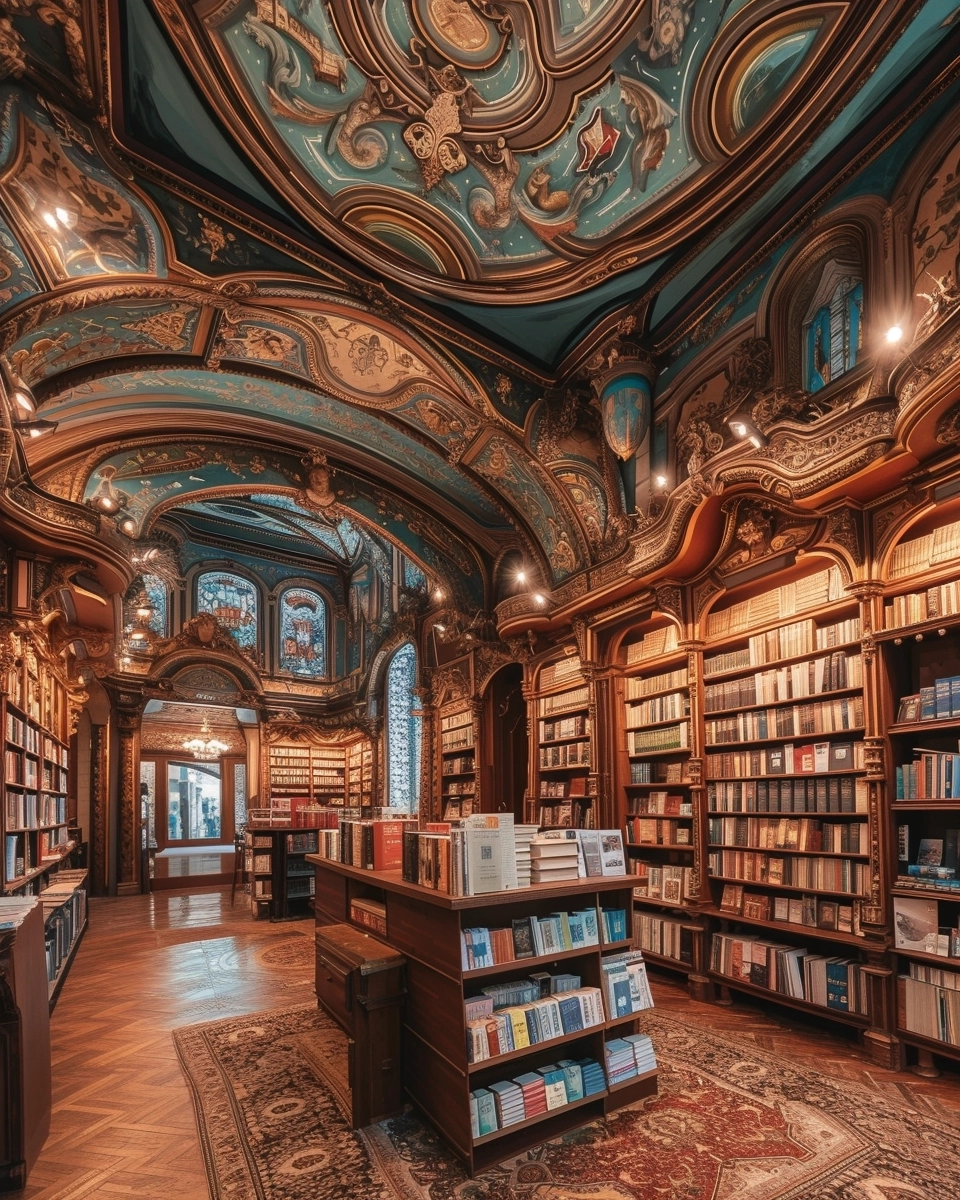 award winning photography, beautiful bookstore, many books, cozy, ornate