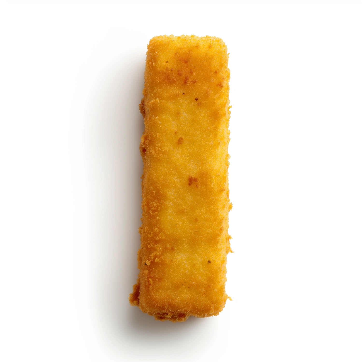 one breaded fish stick, in vertical position isolated on white