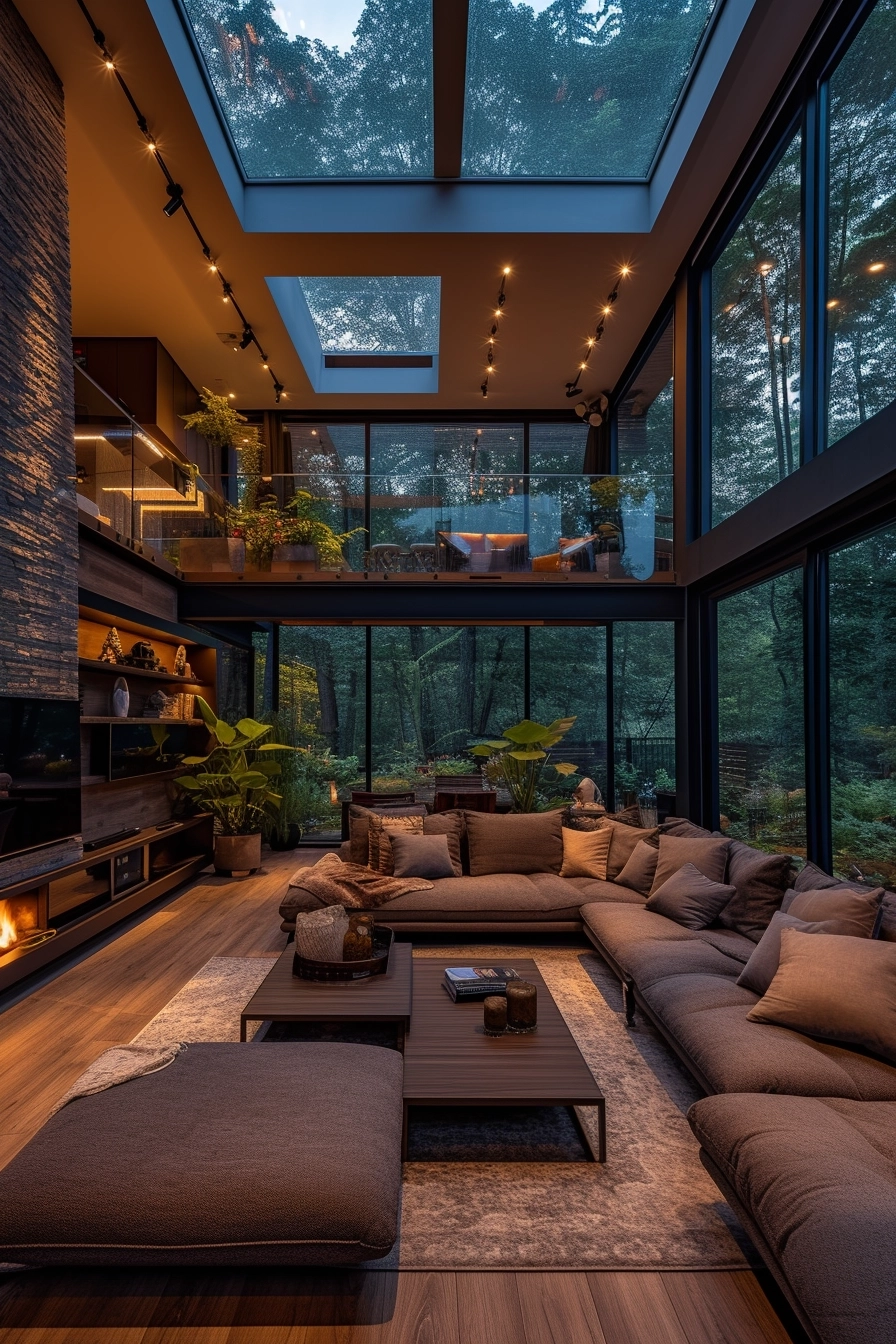 At night, on rainy days, the living room features an oversized skylight, Large-screen television,sofa, fireplace, and a cozy, ultra high definition glass that creates an atmospheric and ultra high definition feeling,High definition 16k, Real time shooting ultra-high definition