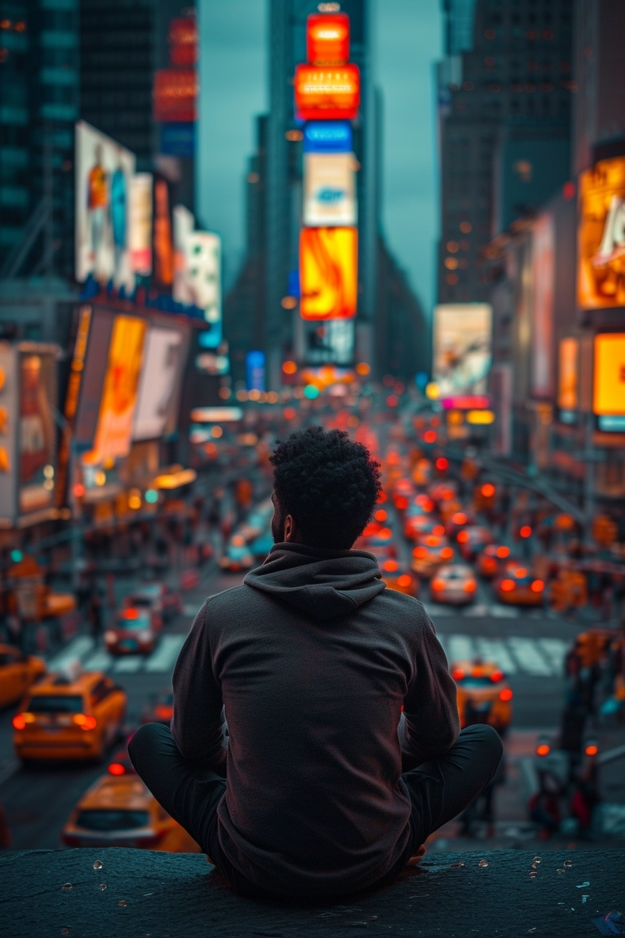a man surrounded by noise in a busy city. He is meditating and unaffected by his surroundings.