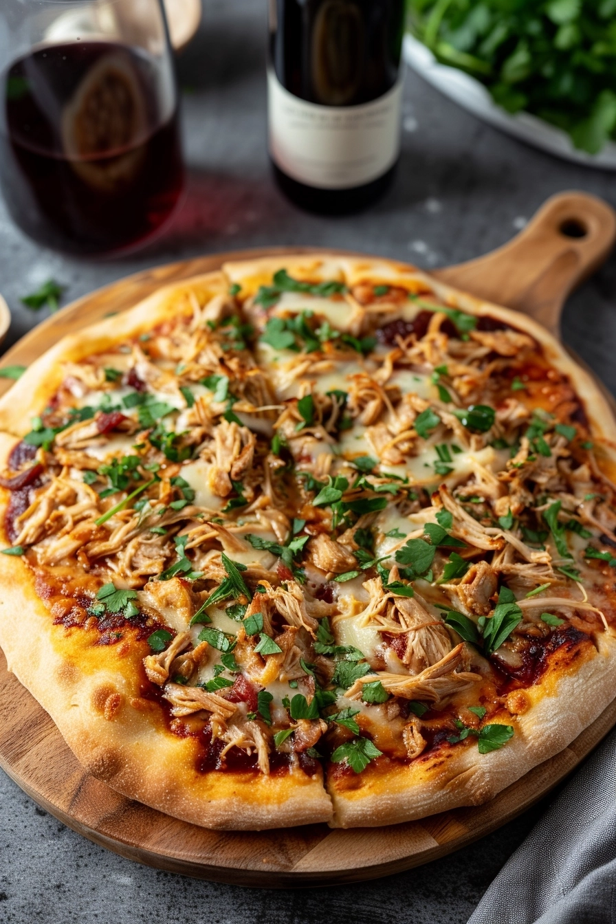 Studio photography of a whimsical and fun coq au vin pizza, creatively topped with shredded chicken, red wine reduction, and melted Gruyère cheese, vibrant colors