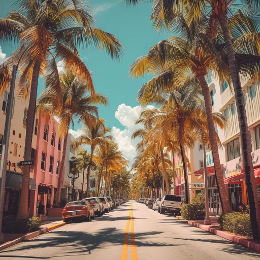 miami in the summer with a few palm trees looking down a street