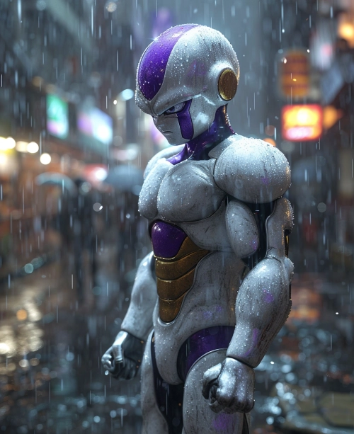 An image of the dragon ball character Freezer in the rain, in the style of vray tracing, silver and purple, hyper-realistic details, ultra hd, rangercore, emphasizes emotion over realism, machine-like precision