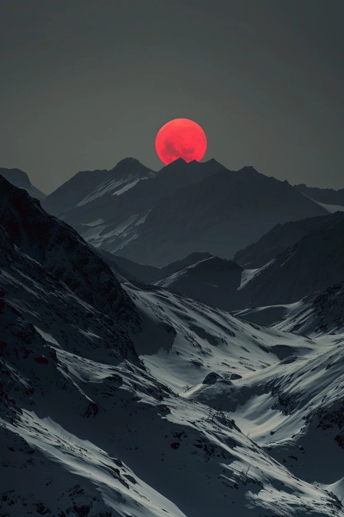 Snowy mountains surrounded by symmetry, in the center is a black and red two suns from the evening. Minimalist Chinese classical style, striking, dark grey and red, rich colors, striking composition, black and white, sun, Nikon D850