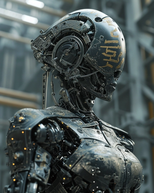 A highly detailed digital artwork features a futuristic robotic figure with intricate black armor. Polygonal armour. The robot's face resembles a humanoid with oriental calligraphy patterns covering it. Various mechanisms, cables, and plates form the structure of the robot. The backdrop is an industrial setting with steel beams, giving it a post-apocalyptic or dystopian feel. The overall color palette is monochromatic with shades of black, white, and gray, emphasizing the metallic and cold nature of the environment