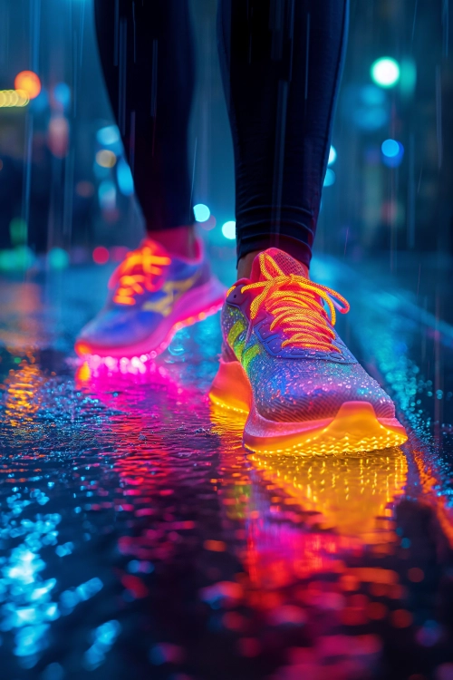 A person wearing colorful running shoes and raining, in the style of glowwave, illuminated landscapes, ricoh r1, poured, radiant colors, clear colors, vibrant color scheme