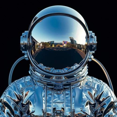 Futuristic astronaut fashion, symetrical, front view, an astronaut with a metal chrome space suit, epic, cinematic, vibrant, luminous, photography, detail, black background