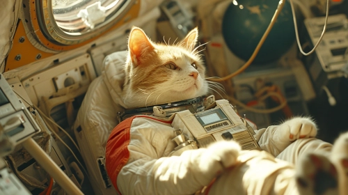 high quality photography of a cat as an astronaut, in a space suit on a space station, backlighting, natural pale light, film camera, by Rinko Kawauchi, HDR,