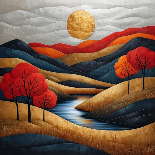 Pop art deco, Canadian landscape art, rolling hills, peaceful lakes, complementary colors of reds, whites, gold, silver, and black, intricate detail, volumetric, cinematic lighting