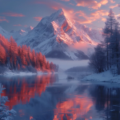 4K resolution, majestic mountains, winter season, frosty sunrise, snow-covered peaks, icy landscapes, crisp, cold air, serene atmosphere, alpine beauty, frozen lakes, stark contrasts, quiet stillness, soft morning light.