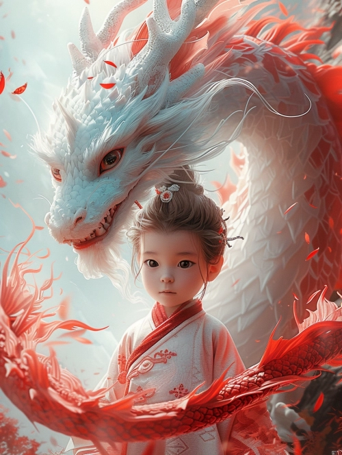 A two-year-old boy, White Dragon, front facing, using traditional animation style, dragon white as the main color, 32k comics/cartoons, movie posters, Children's conceptual art, high resolution, light red, carefully designed, with an animated cover featuring a dragon in the style of Fang Lijun, cute and dreamy, Patrick Brown, festive atmosphere, light red and white, Kage series animation posters, dreamy realism, dragon art, domineering and dreamy, Short hair,glowing