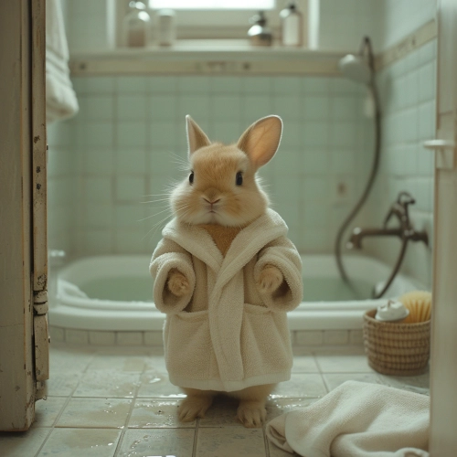A full-body photo of a cute, anthropomorphic Dutch dwarf rabbit cub, an employee of IKEA in Beijing, standing in a bathrobe after work in the bathroom. The bathroom environment and bathtub are in the background. He can't open his eyes. , chubby, chubby, cute, fluffy, full body shot, documentary photography, hyperreal, realistic, press interview style, documentary style, shot on Kodak Ektachrome 100 Plus, intricate details, depth of field ,