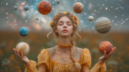 A surreal portrayal of a woman juggling balls that resemble planets and moons, with a backdrop of the Milky Way, showcasing the harmony of the universe and human endeavor, Artistic photography, long exposure and layered exposures combined using a Nikon D850,