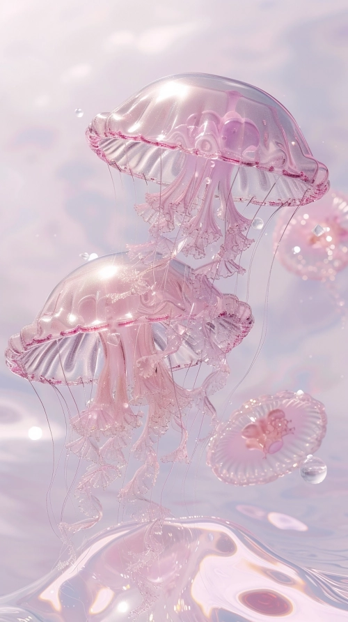 pearl and Transparent crystal jellyfish floating in a pool of water, in the style of light pink, y2k aesthetic, soft mist, fleeting moments, cottagecore, captivating, unembellished