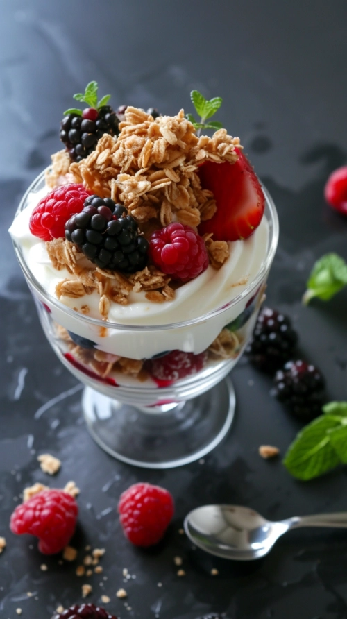 Yogurt and Berry Parfait:, Black Surface Table, minimalistic decor