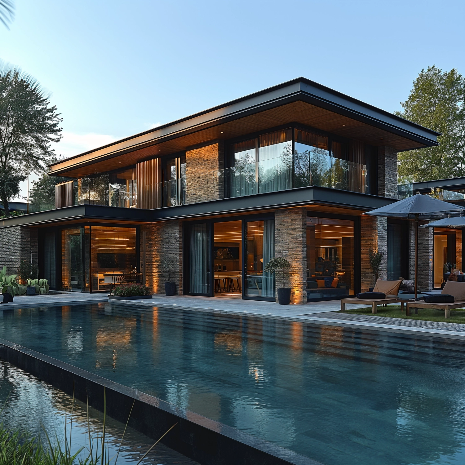 Take the exterior and area of the house to be decorated in a modern style as a vacation home, a pool villa, in the warm morning atmosphere. Image in architect magazine style., ludwig mies van der rohe