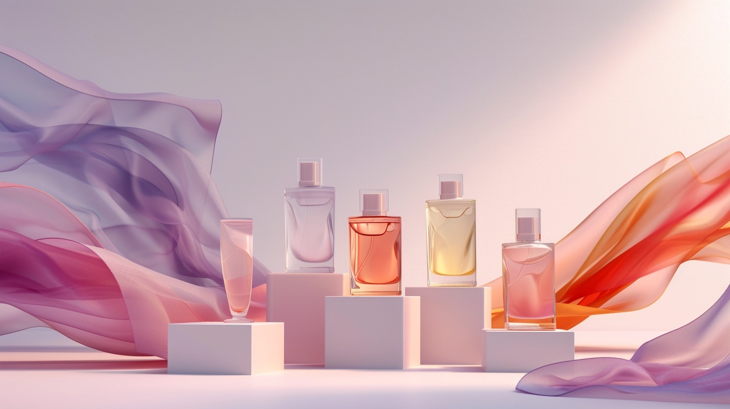 groupage of five product with flying vertical fabric wrapped four product on light background, in style of parfume campaign,