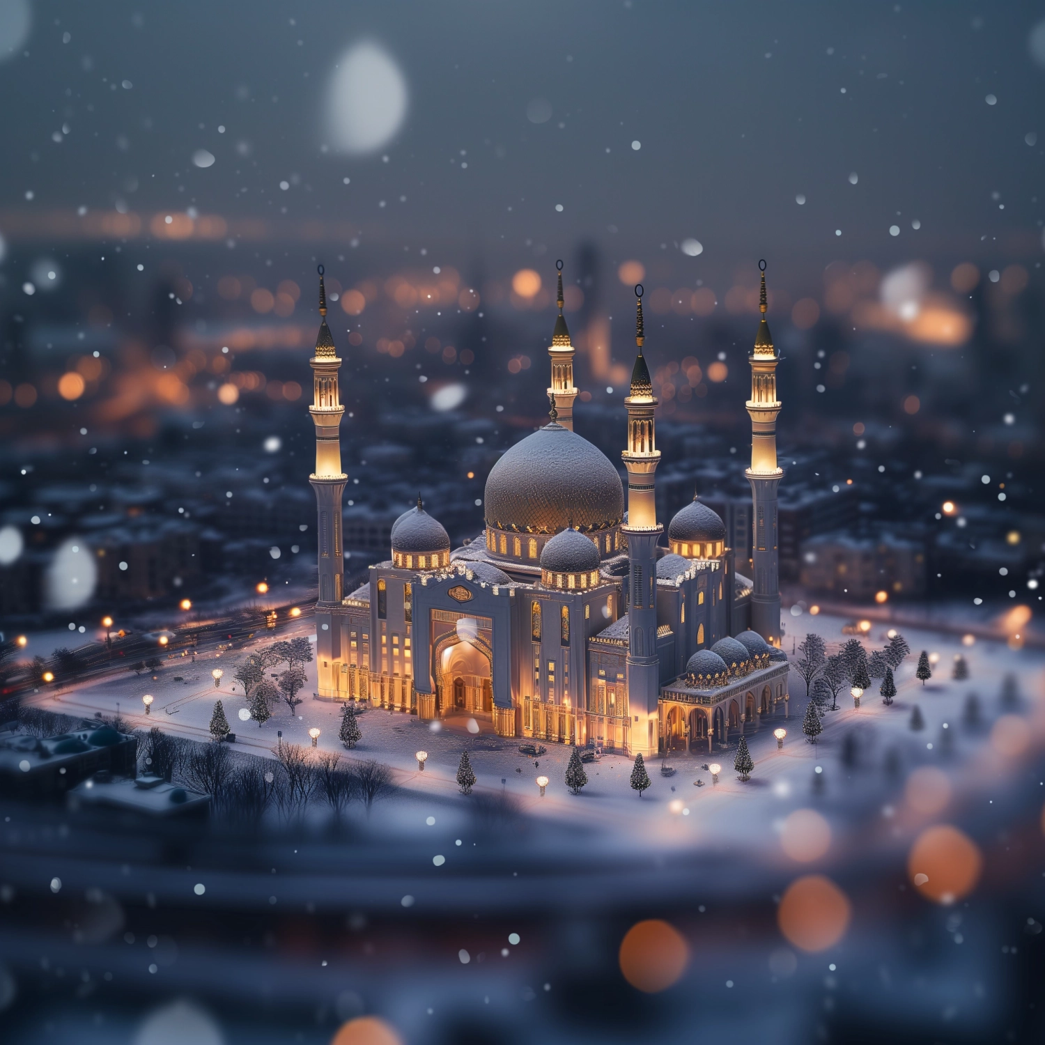 mosque in the center of city, beautiful lighting, snowflakes environment, magic sky, tilt shift lens