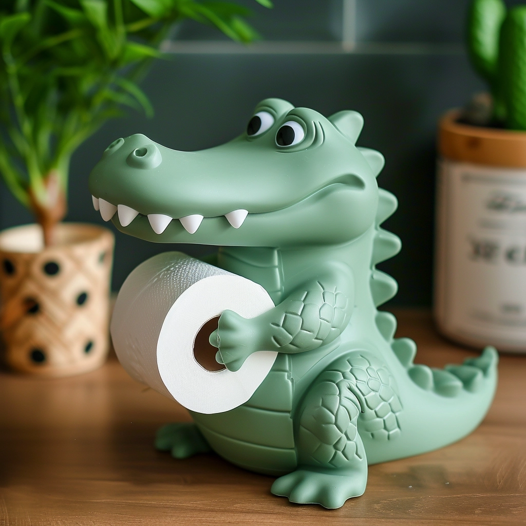 plastic toilet paper stand in the form of a crocodile, a crocodile has a roll of toilet paper on its tail, the plastic material is matte, in a beautiful interior
