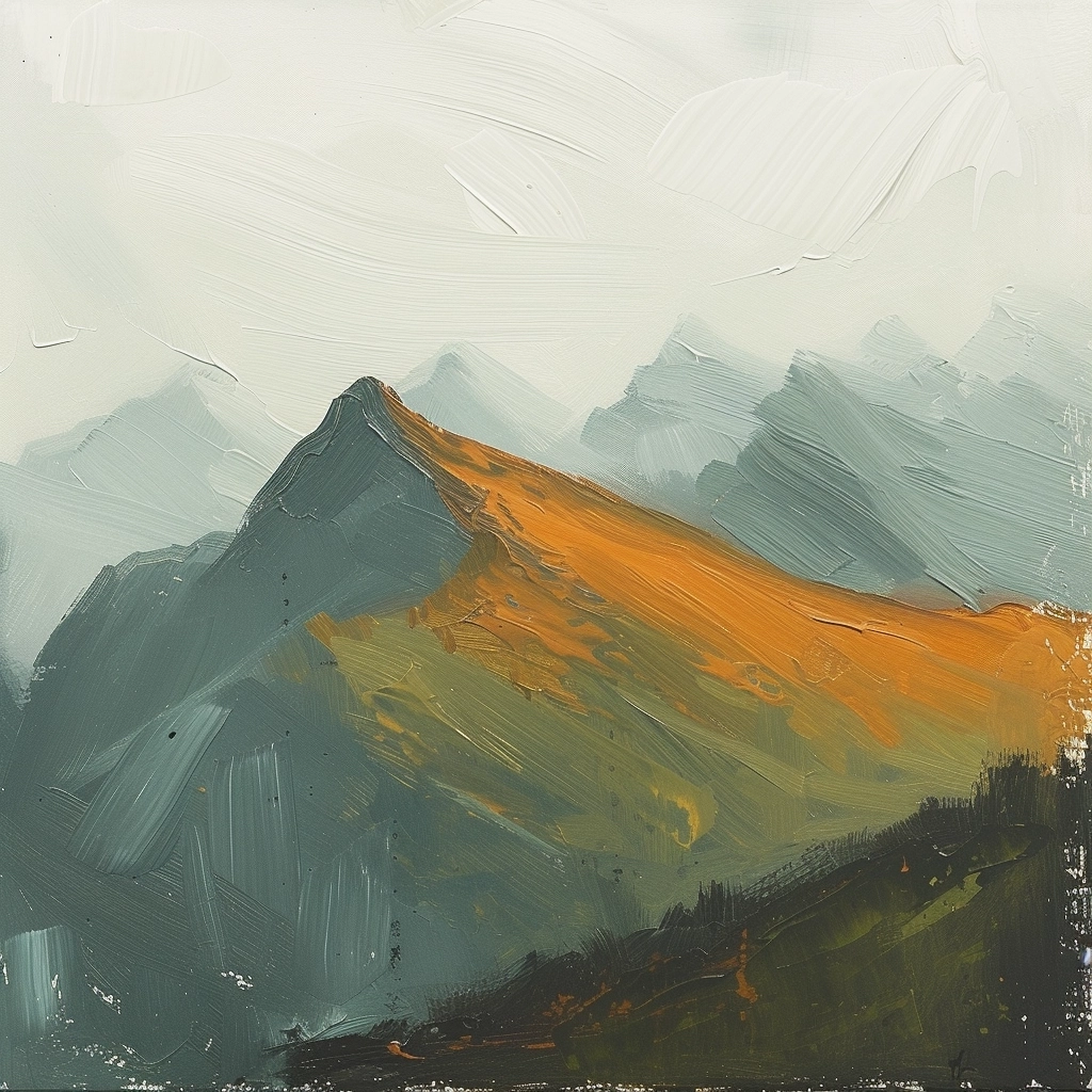 Simple oil painting a mountains disco elysium, lonely