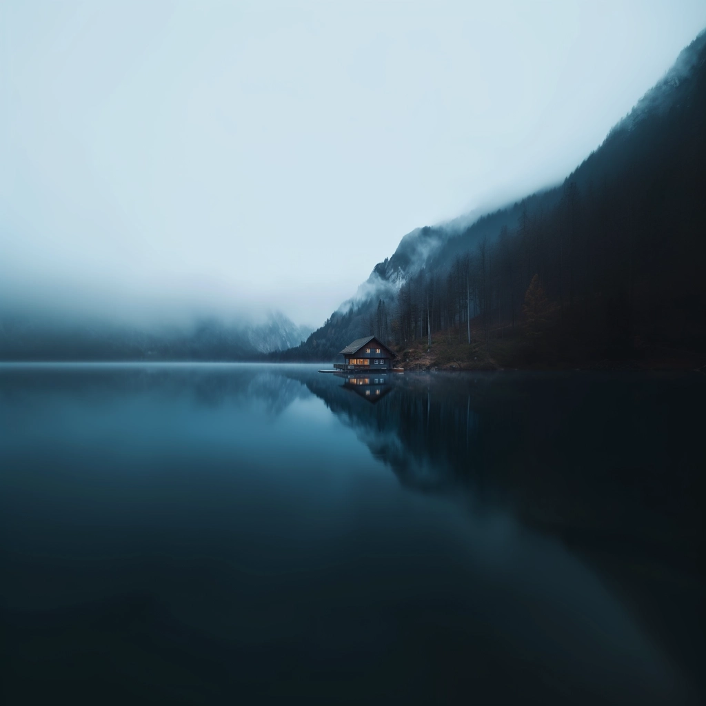 photo of a lake house, mountain, fog,