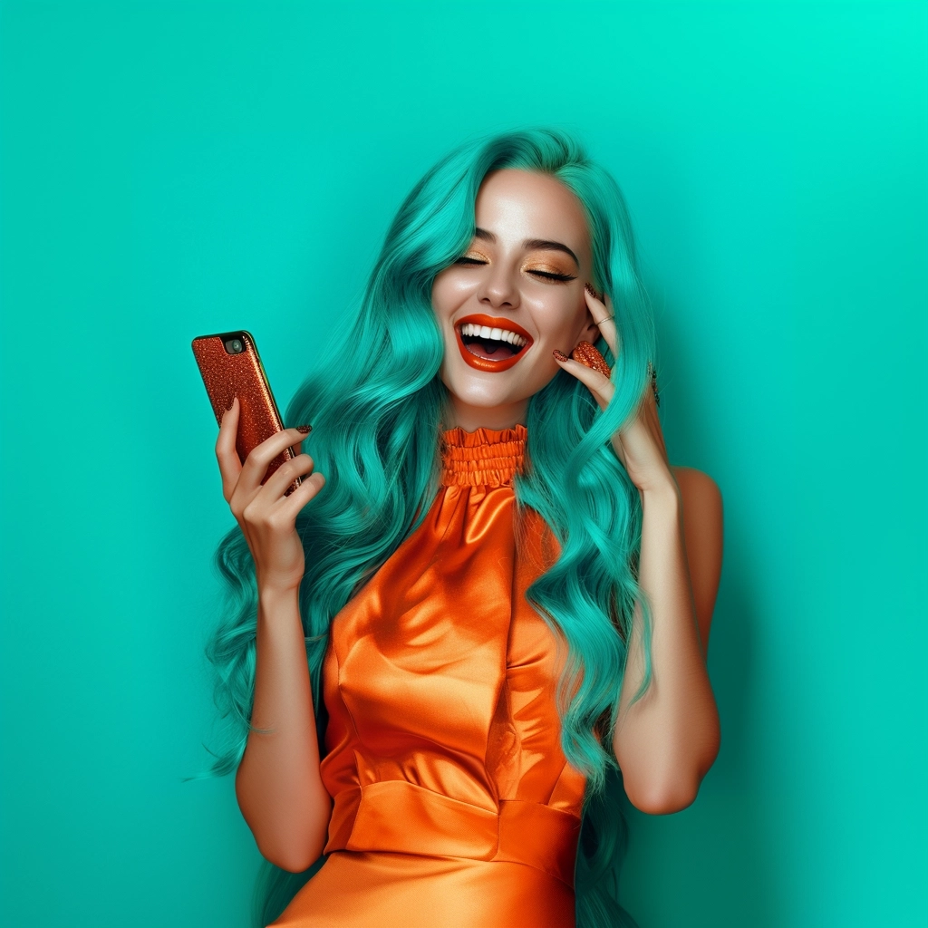 Beautiful woman,holding a smart phone,happy, long Turquoise hair with perfect lips and perfect teeth, wearing a short party with diamonds wonderful and shining orange dress, ultra realistic, luxury, very high details, 20mm, f. 4 aperture, 8k, HDR, extra contraste, simple background,happy