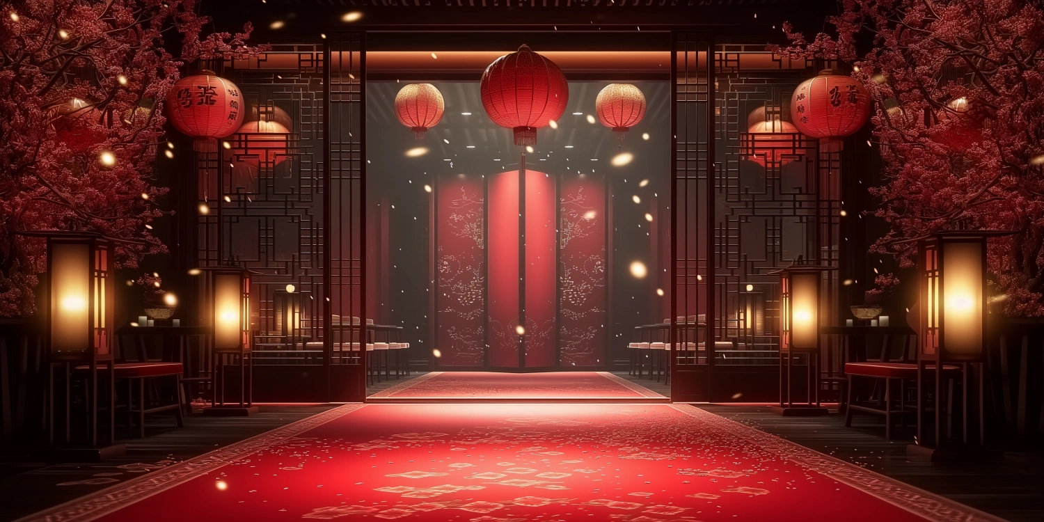 Chinese indoor restaurant, Spring Festival celebration, real scene, red floor, lantern, front light