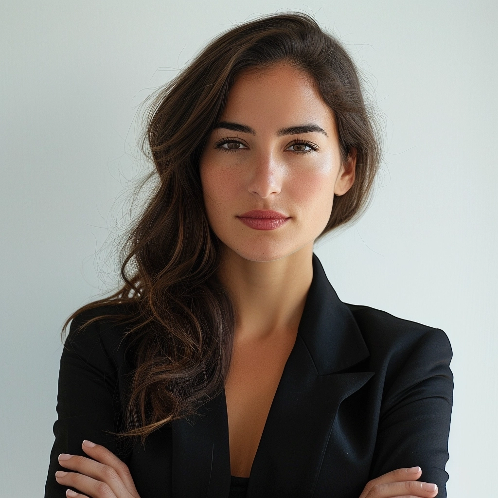 editorial photo of a 32-year-old businesswoman for an online news article. The woman is of European descent. Slim figure. Wearing modern professional clothings. Looks professional but a bit more stylish and casual business look. Highly detailed facial features.