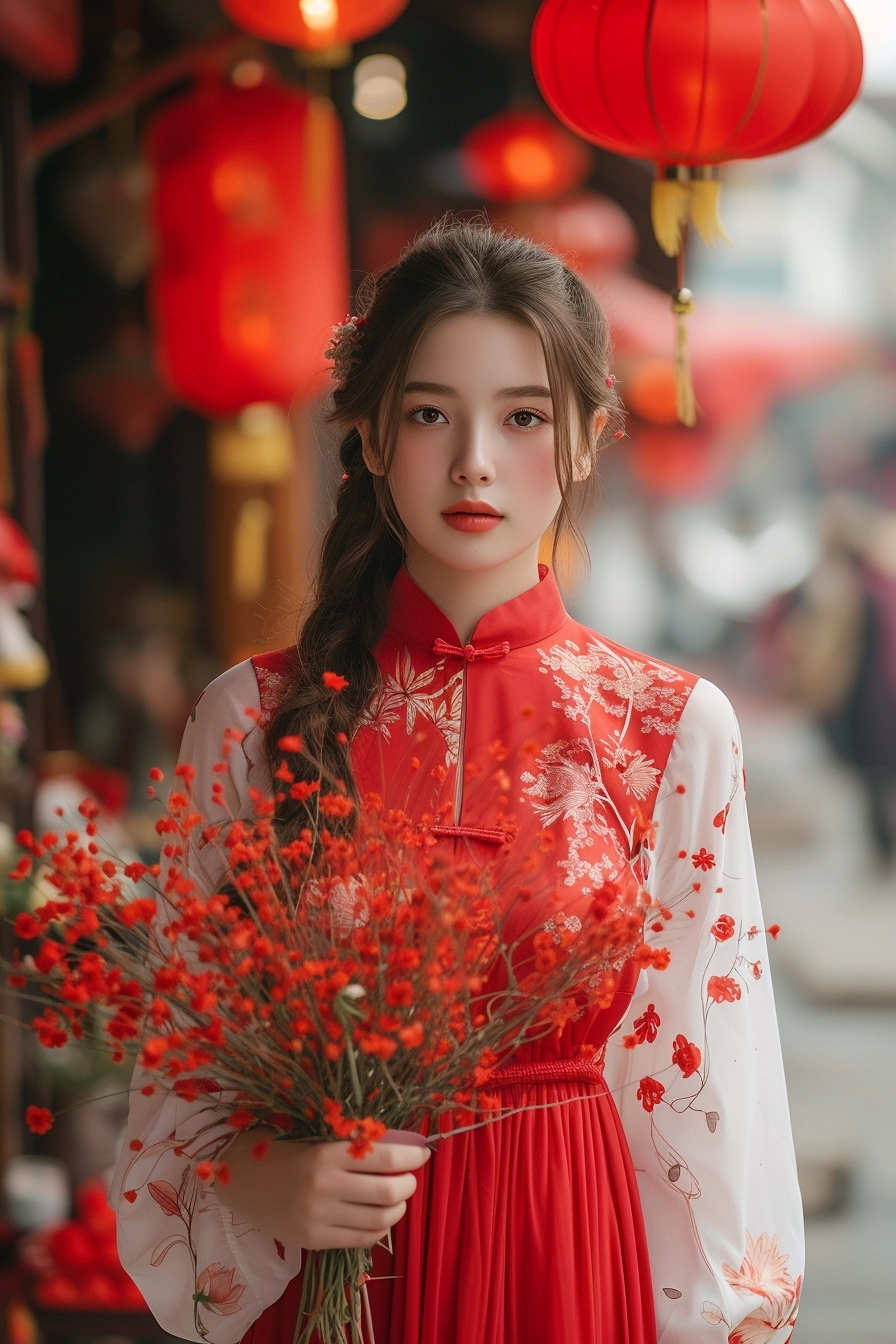 a pretty slender and joyful 21 years old Sadie Elizabeth Sink walks down a street with flowers while in a red áo dài, in the style of vietnampunk, social media portraiture, cute and dreamy, qian xuan, photo, traditional portraiture, white and red, Tết street-inspired, wimmelbilder, candid portraiture, 32k uhd, traditional vietnamese