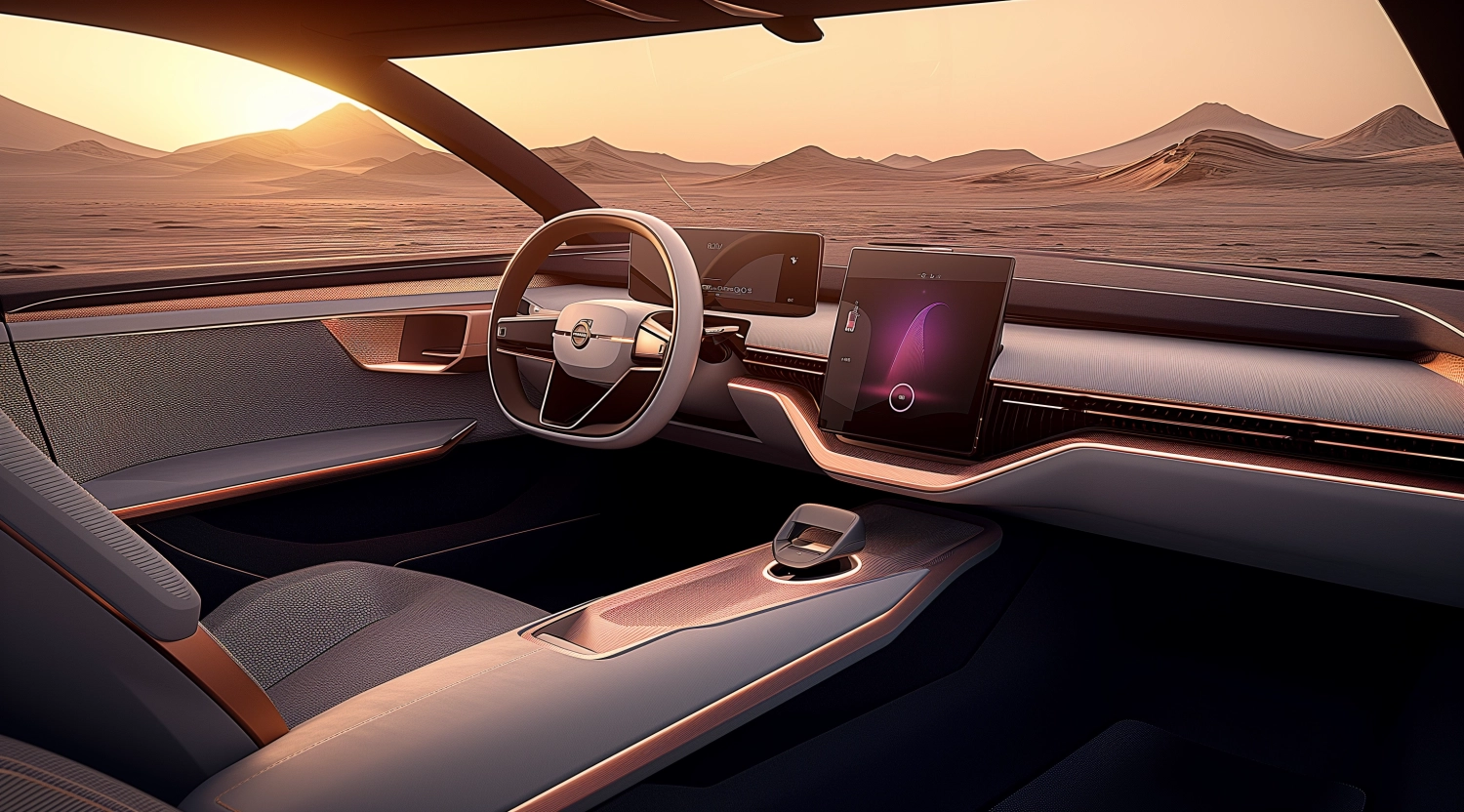 in the style of dark silver and beige, volvo xc90 interior 2d concept dm1, in the style of tonalist skies, jean-joseph benjamin-constant, 32k uhd, light orange and navy, atmospheric scenes