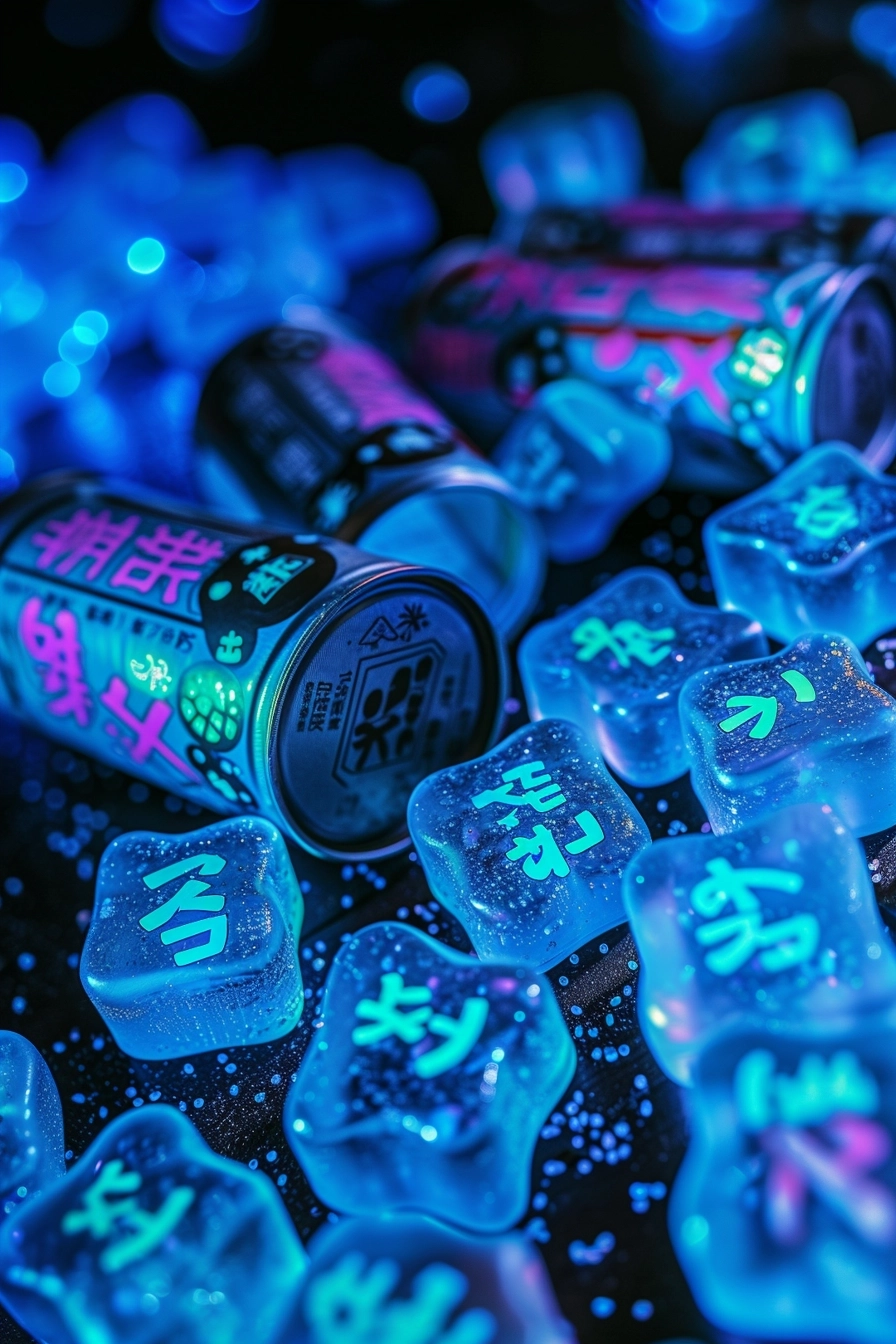 a 2D Anime Cyberpunk promotional poster for vitamin grunge street fashion gummies, metal tin can packaging, neon blue gummies with Kanji on them, healthy vitamin product, Anime product photography, radiation symbol, biohazzard, street fashion gamers grunge style, Kanji text, neon blue printed gummies, Japan background "eXe" branding