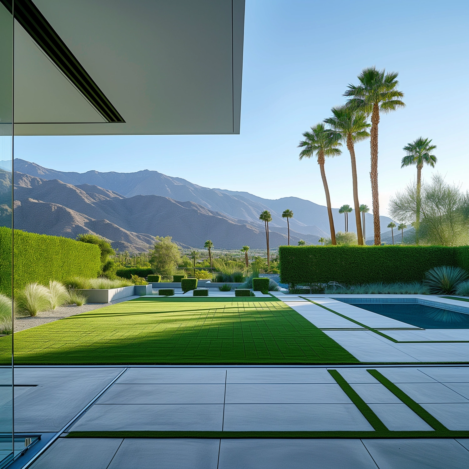 a patio open to a lush landscape in palm springs, in the style of flattened perspective, rectangular fields, dynamic outdoor shots, pixelated landscapes, mountainous vistas, brice marden, glazed surfaces